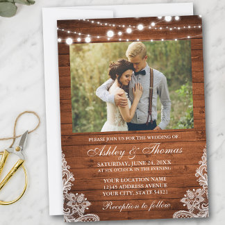 Rustic Wedding Wood Lights Lace Photo Invitation