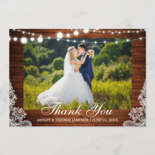 Rustic Wedding Wood Lights Lace Photo Thank You