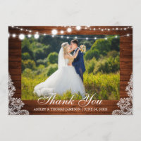 Rustic Wedding Wood Lights Lace Photo Thank You