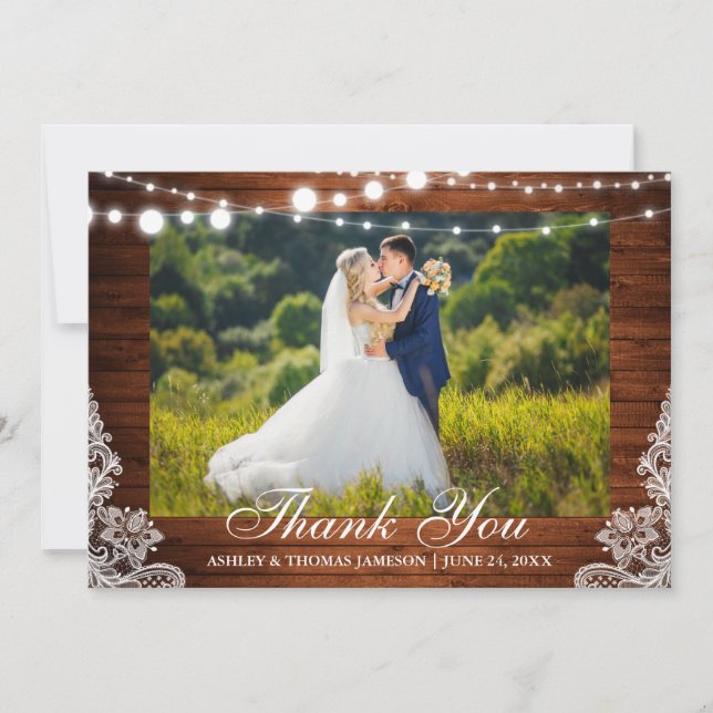 Rustic Wedding Wood Lights Lace Photo Thank You Card (Front)
