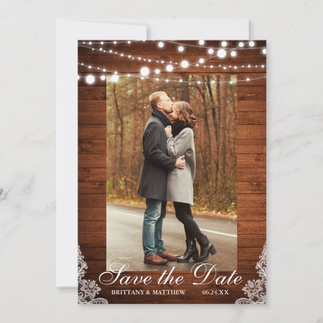 Rustic Wedding Wood Lights Lace Save the Date (Front)