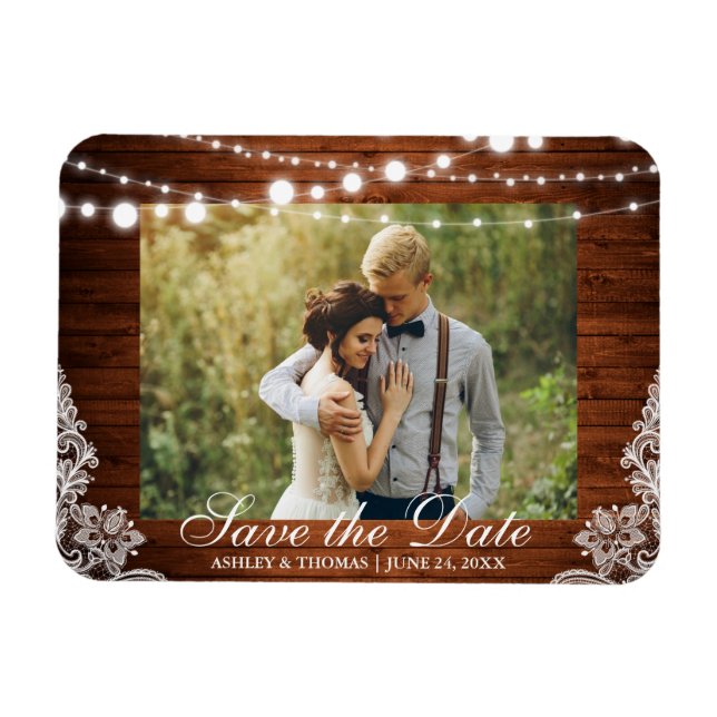 Rustic Wedding Wood Lights Lace Save the Date Magnet (Horizontal)