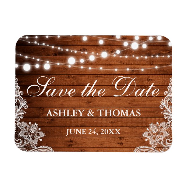 Rustic Wedding Wood Lights Lace Save the Date Magnet (Horizontal)