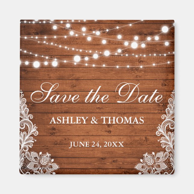 Rustic Wedding Wood Lights Lace Save the Date Sq Magnet (Front)