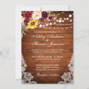 Rustic Wedding Wood Lights Lace Watercolor Floral Invitation