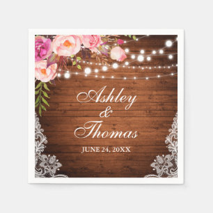 Rustic Wedding Wood Lights Pink Floral Lace Napkin