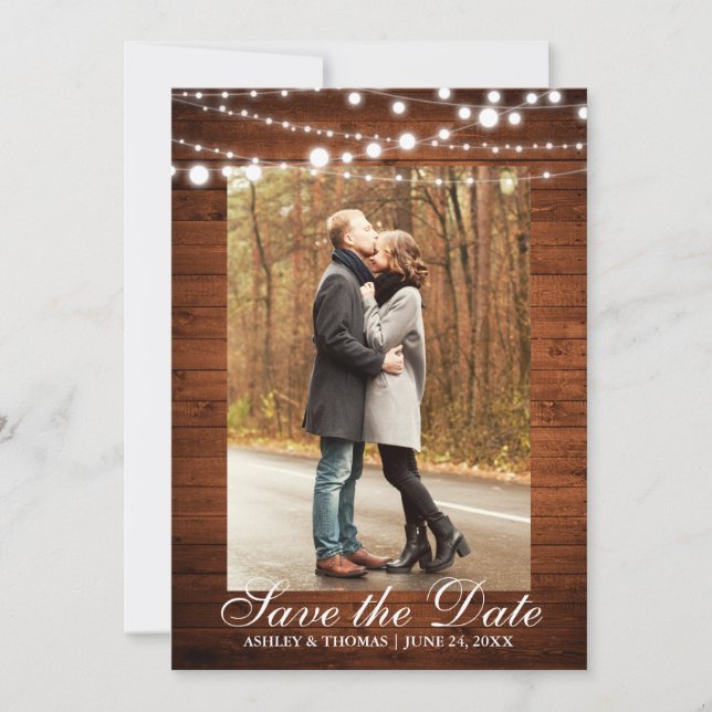 Rustic Wedding Wood Lights Save the Date (Front)