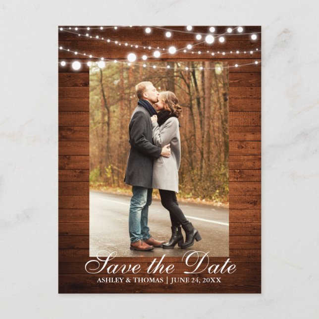 Rustic Wedding Wood Lights Save the Date Announcement Postcard (Front)