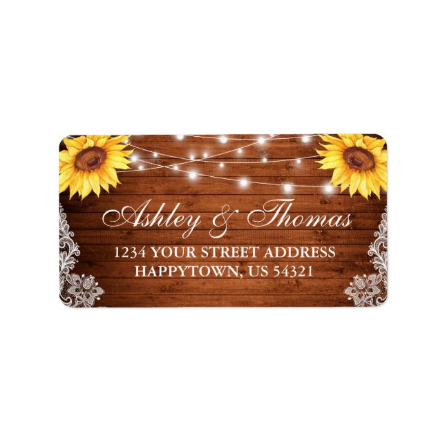 Rustic Wedding Wood Lights Sunflowers Address Label (Front)