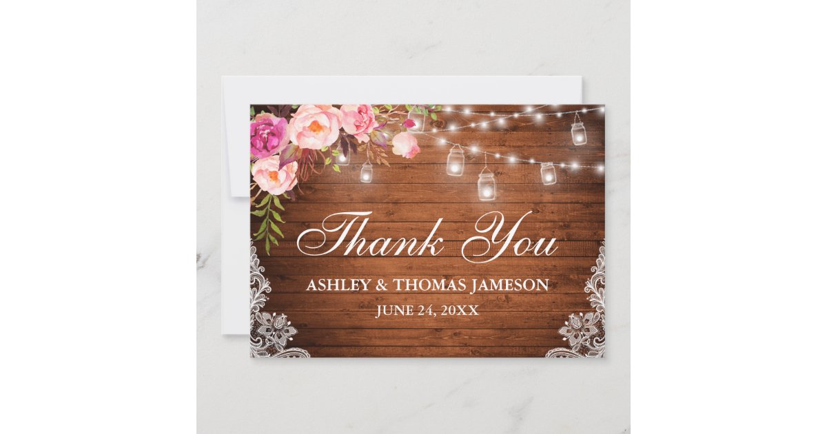 Rustic Wedding Wood Pink Floral Jar Lights Lace Thank You Card | Zazzle