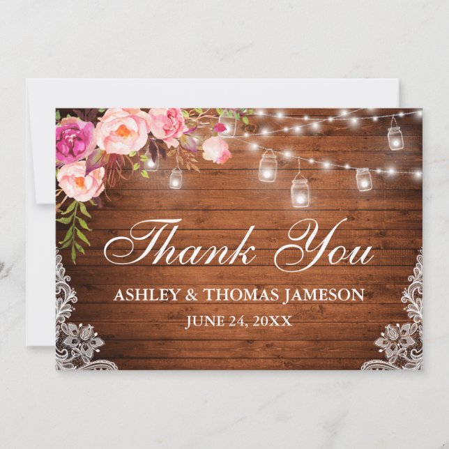 Rustic Wedding Wood Pink Floral Jar Lights Lace Thank You Card (Front)