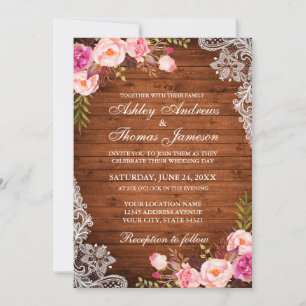Rustic Wedding Wood Pink Floral Lace Invite