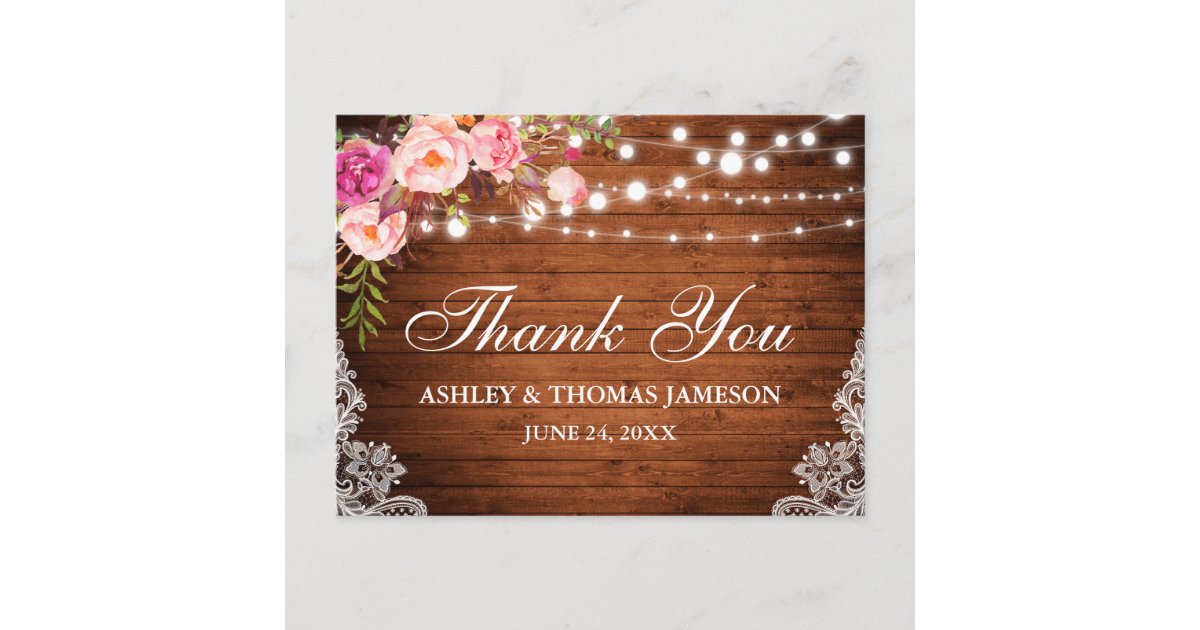 Rustic Wedding Wood Pink Floral Lights Lace Postcard | Zazzle