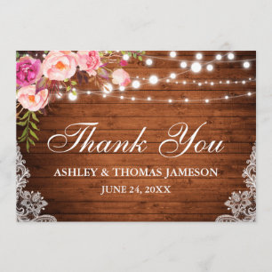 Rustic Wedding Wood Pink Floral Lights Lace Thanks Thank You Card