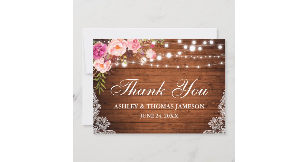 Rustic Wedding Wood Pink Floral Lights Lace Thanks Thank You Card | Zazzle