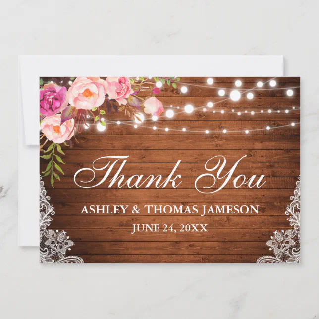 Rustic Wedding Wood Pink Floral Lights Lace Thanks Thank You Card | Zazzle