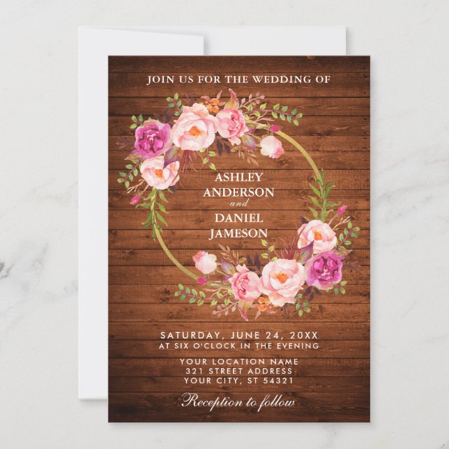 Rustic Wedding Wood Pink Floral Wreath Gold Invite (Front)
