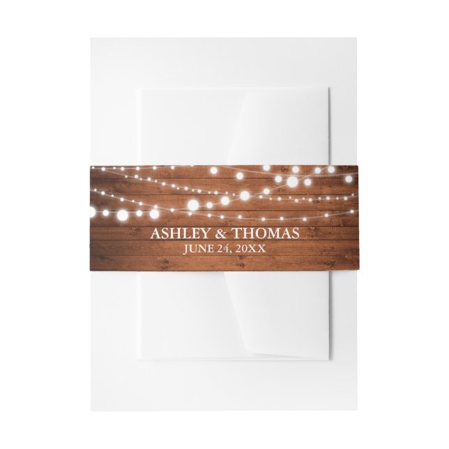 Rustic Wedding Wood String Lights Invitation Belly Band (Front Example)