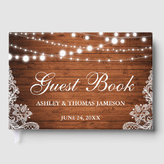 Rustic Wedding Wood String Lights Lace Guest Book