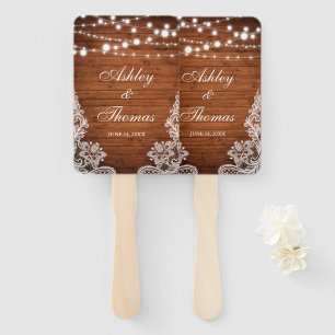 Rustic Wedding Wood String Lights Lace Hand Fan