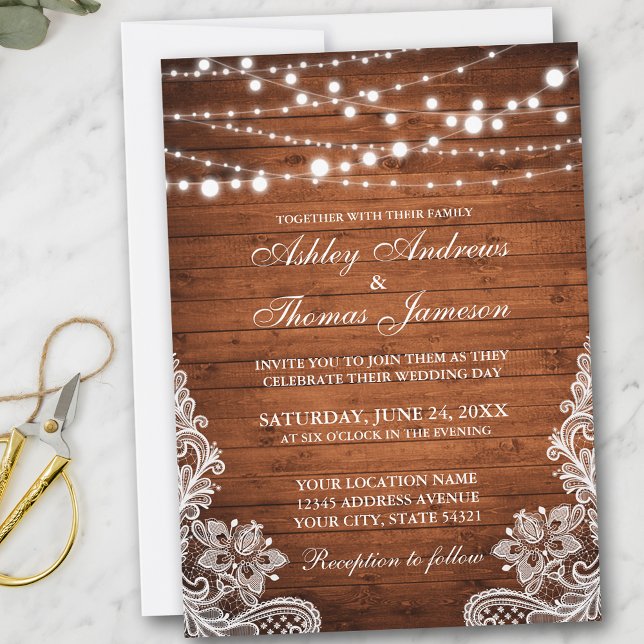 Rustic Wedding Wood String Lights Lace Invite (Customize to add more text or photos to back of card.)
