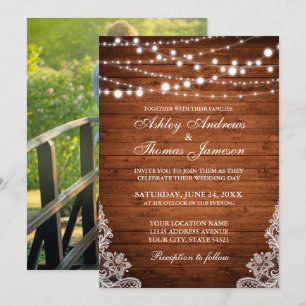 Rustic Wedding Wood String Lights Lace Invite P
