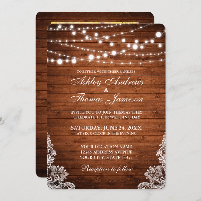 Rustic Wedding Wood String Lights Lace Invite PBR (Front/Back)