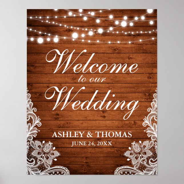 Rustic Wedding Wood String Lights Lace Poster (Front)