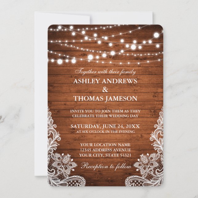 Rustic Wedding Wood String Lights Lace R Invitation (Front)