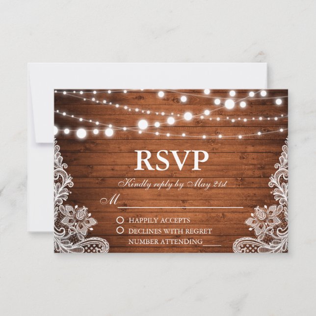 Rustic Wedding Wood String Lights Lace RSVP Card (Front)