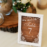 Rustic Wedding Wood String Lights Lace Table Number<br><div class="desc">Rustic Wedding Wood String Lights Lace Table Card</div>