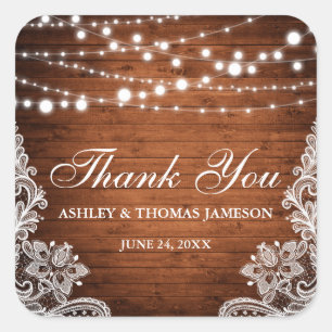 Rustic Wedding Wood String Lights Lace Thank You Square Sticker