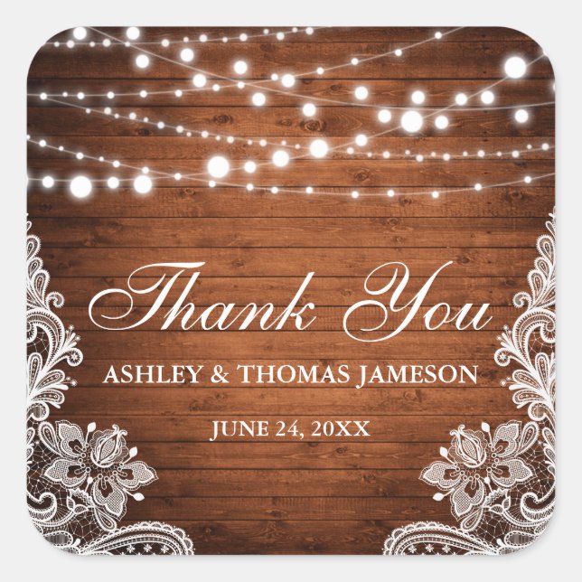 Rustic Wedding Wood String Lights Lace Thank You Square Sticker (Front)