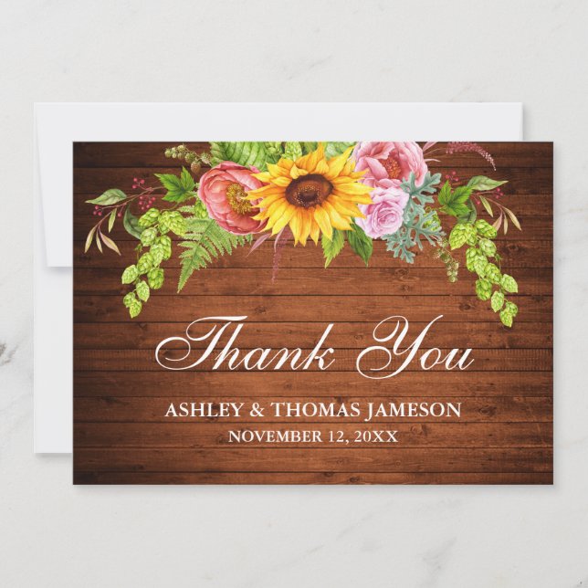 Rustic Wedding Wood Sunflower Floral Thank You Card (Front)