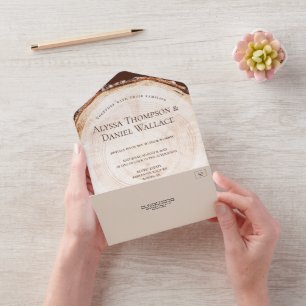 Rustic Wedding wood Tree bark rings Unique All In One Invitation