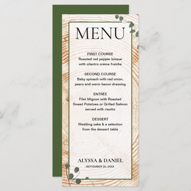 Rustic Wedding Wood Tree bark with eucalyptus Menu (Front/Back)
