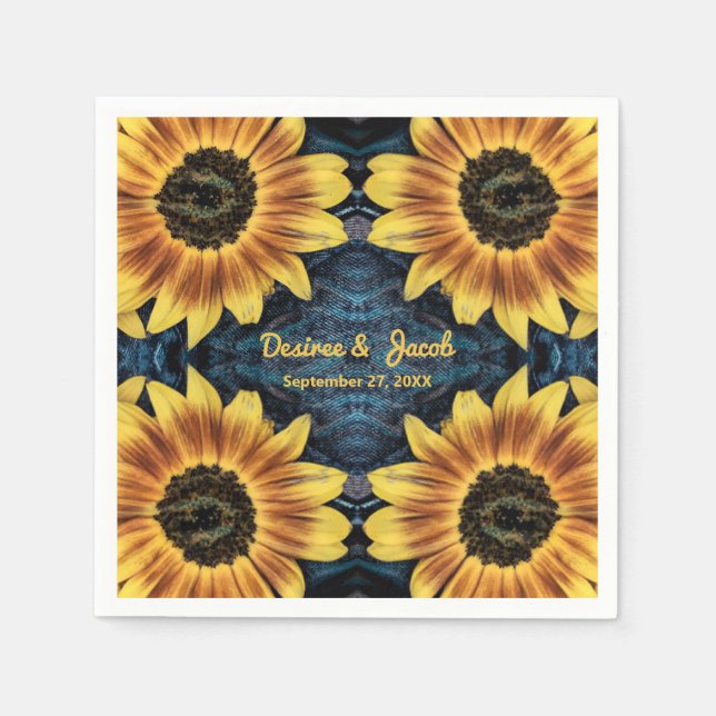 Rustic Wedding Yellow Sunflower Denim Blue Jeans Napkin (Front)