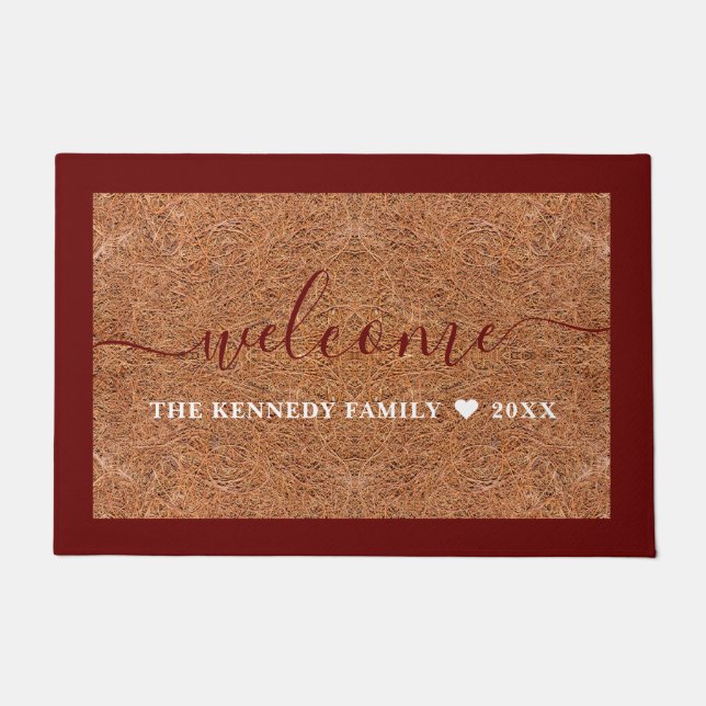 Rustic Welcome Family Name Burgundy Coir   Doormat (Front)