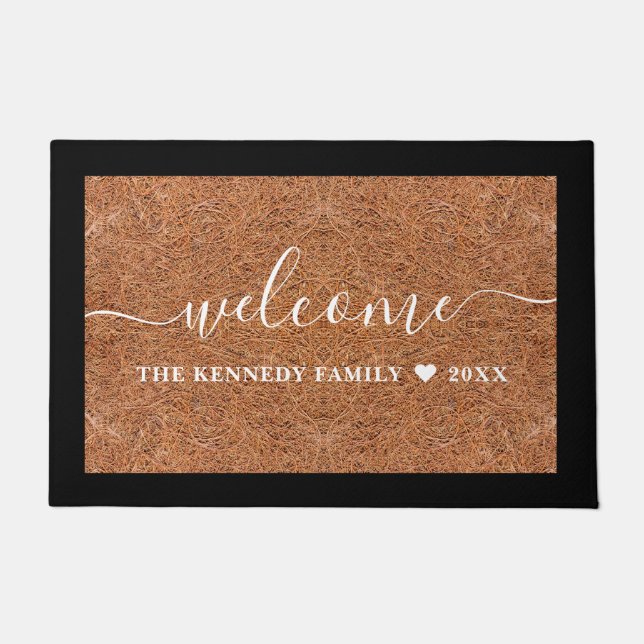 Rustic Welcome Family Name Personalised Coir Doormat (Front)