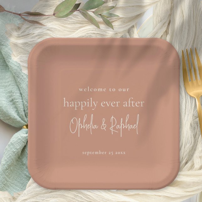 Rustic Welcome Message Script Terracotta Wedding Paper Plate (Square 9" Terracotta. Fully customisable.)