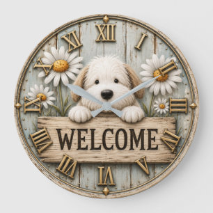 Rustic Welcome Puppy with Daisies Farmhouse Large Clock