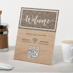 Rustic Welcome Script WIFI QR Code Wood Grain Pedestal Sign