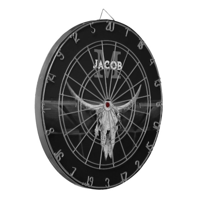 Rustic Western Black And White Bull Skull Monogram Dartboard (Front Left)