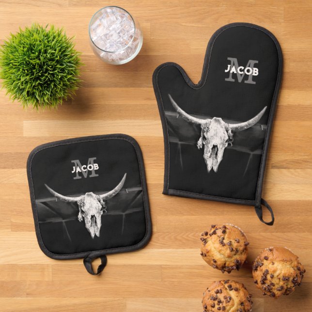 Rustic Western Black And White Bull Skull Monogram Oven Mitt & Pot Holder Set (Top Down)