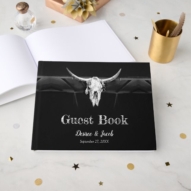 Rustic Western Black And White Bull Skull Wedding Guest Book (Front Open)