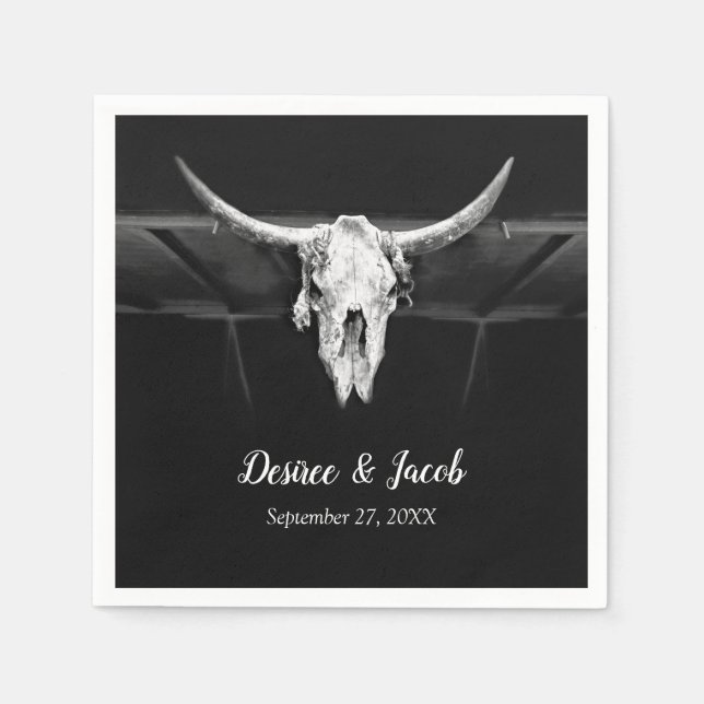 Rustic Western Black And White Bull Skull Wedding Napkin (Front)