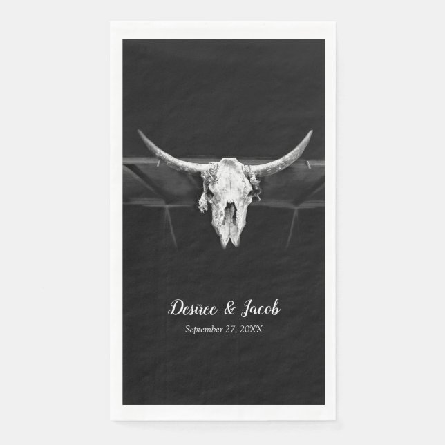 Rustic Western Black And White Bull Skull Wedding Napkin (Front)