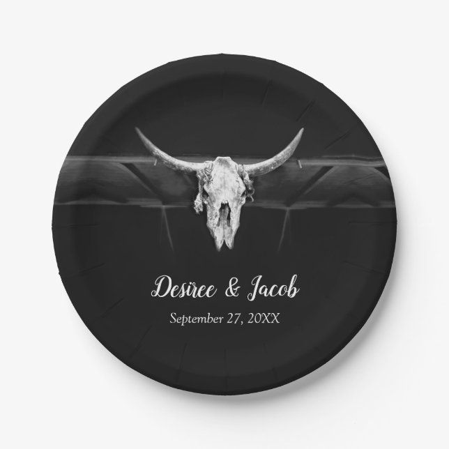 Rustic Western Black And White Bull Skull Wedding Paper Plate (Front)