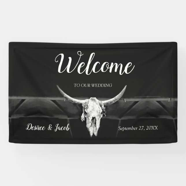 Rustic Western Black And White Bull Skull Welcome Banner (Horizontal)