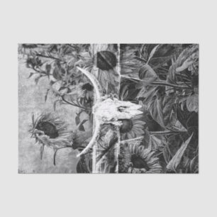 Rustic Western Black And White Floral Bull Skull Tissue Paper